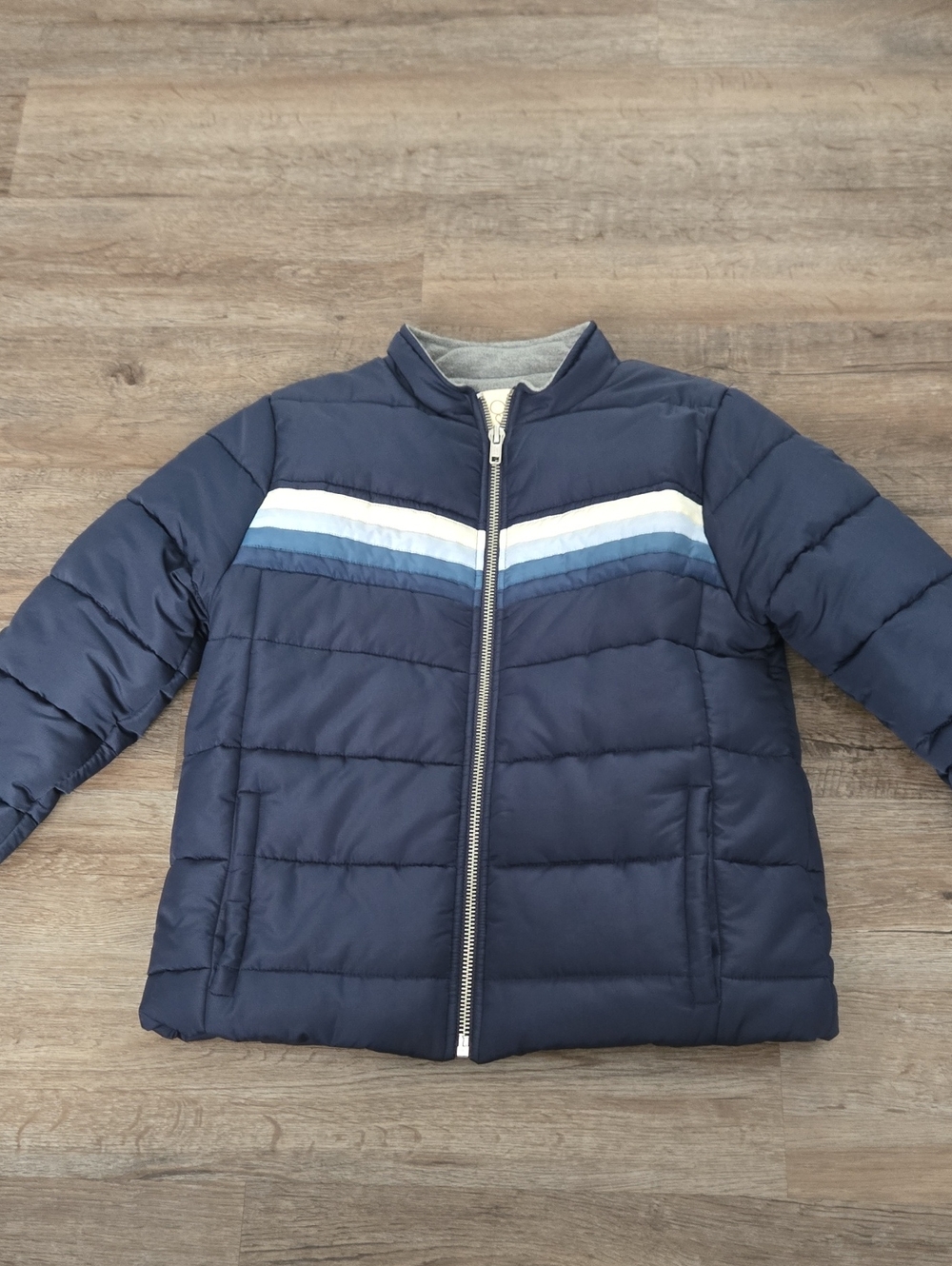 Chaser Navy Puffer Jacket with Blue, Teal and Cream Stripe Detail